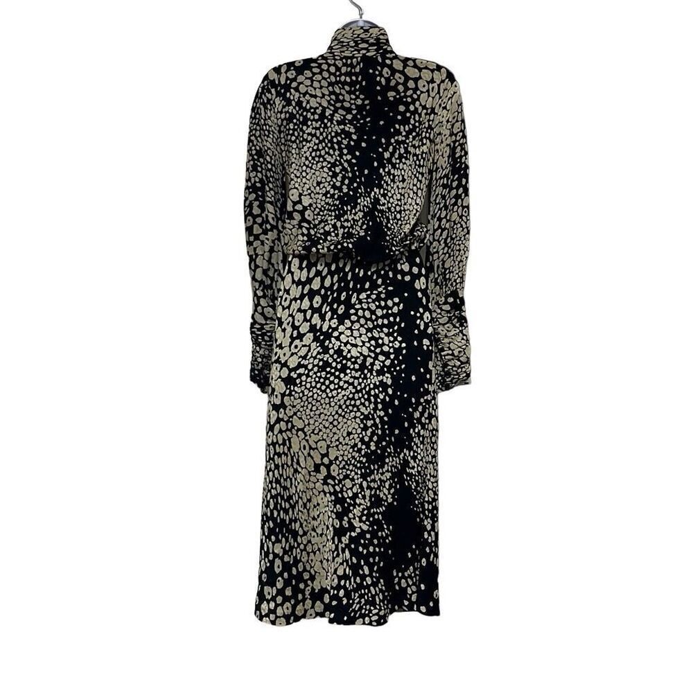 Tuleh Black Gold Animal Leopard Print 100% Silk High Neck Blouson Midi Dress XS‎ - Picture 2 of 12